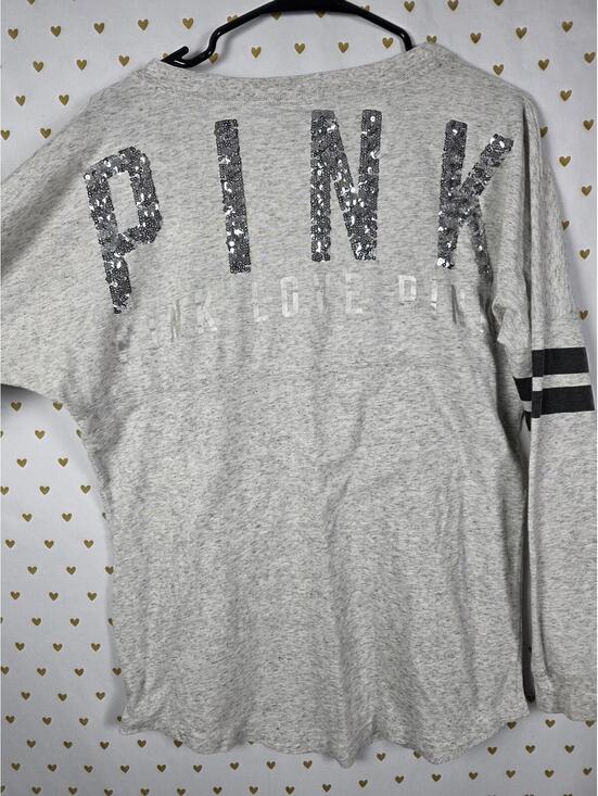 PINK Victoria's Secret Tops - Victorias Secret PINK Campus Long Sleeve Grey BLING SEQUINED Tee V Neck Shirt SM